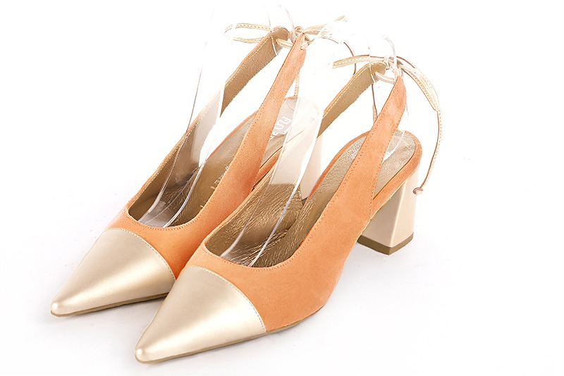 Gold and marigold orange women's slingback shoes. Pointed toe. Medium flare heels. Front view - Florence KOOIJMAN